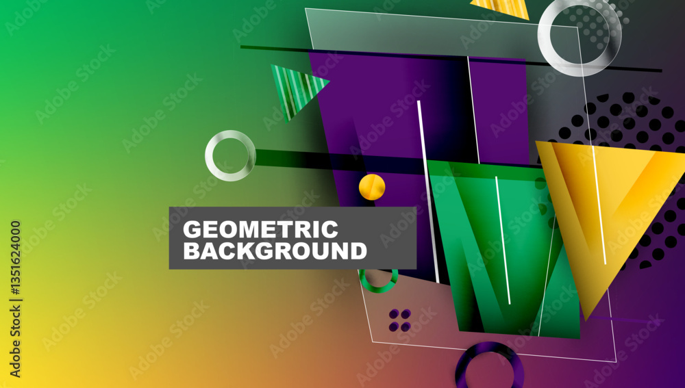 Poster Abstract background - overlapping circles, rectangles, and triangles with vibrant gradients. Semi-transparent shapes create depth and balance