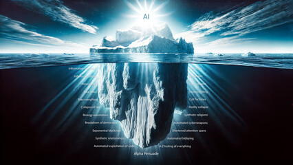 Iceberg divided by waterline; bright top labeled "AI" under sunshine, hidden deep-blue underwater with negative aspects, symbolizing AI’s visible benefits and hidden dangers.