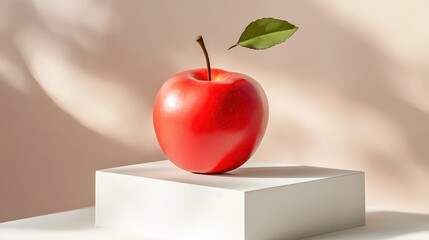 Ripe Red Apple on White Block with Minimalist Style.