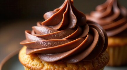 Close-up view of a delectable cupcake, adorned with a rich, chocolate frosting swirled into an enticing peak, a delightful treat for the senses.