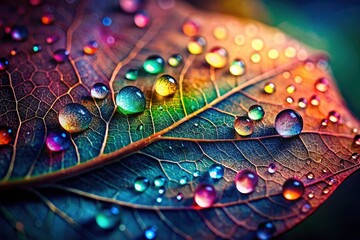 Vibrant Leaf Water Droplets Macro Photography - Sparkling Nature Reflection Rainbow Colors