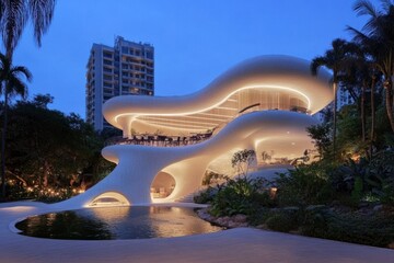 Night view of a uniquely shaped, multi-level building with ambient lighting, nestled amidst lush greenery and a reflecting pool