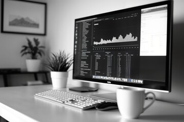 Curved TV Layout.Stylish workspace with a computer monitor, keyboard, and plants in a monochrome setting