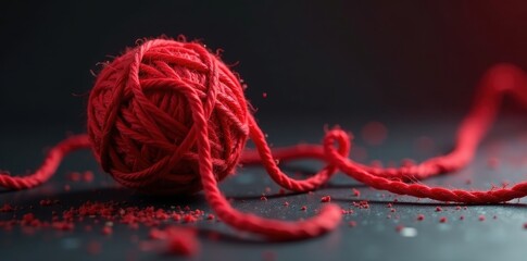Intricate red yarn ball unraveling, long strand extending right , illustration, abstract
