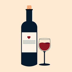 bottle and a glass of wine. Vector illustration in flat style For web, info graphics.