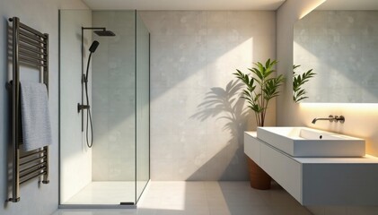 Modern shower and sleek sink in minimalist bathroom, drain, elegant, acrylic