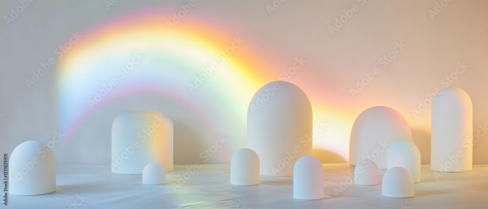 Poster abstract arrangement of white geometric shapes illuminated by a vibrant rainbow projection on a soft
