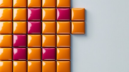 Abstract image of glossy orange and magenta squares arranged in a grid pattern, with a section missing