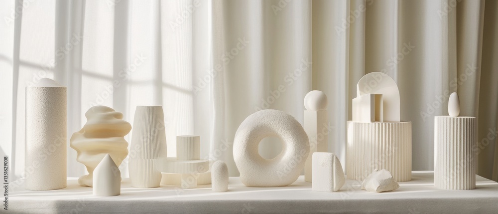 Poster minimalist white sculptures displayed on table with soft natural light and sheer curtains creating a