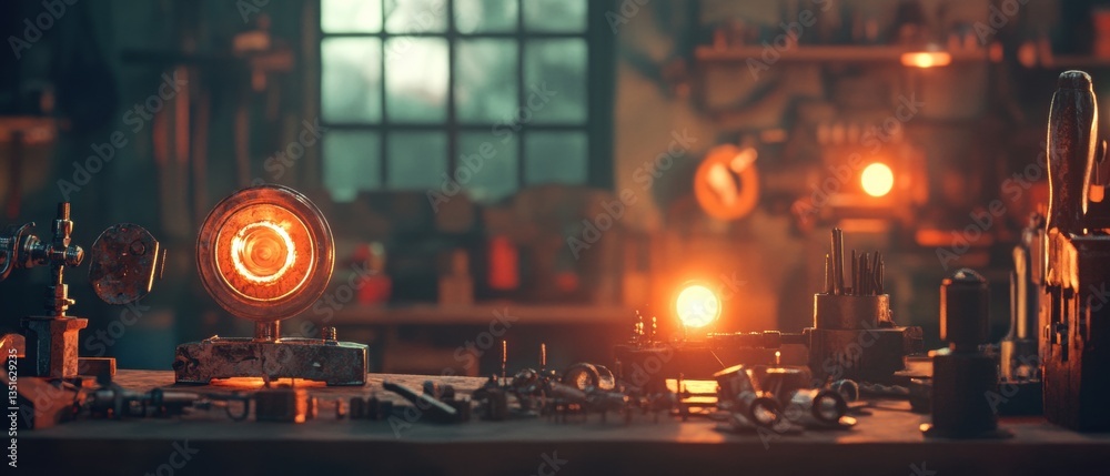 Aufkleber warm industrial workshop with tools and equipment illuminated by soft glow of light beneath window i