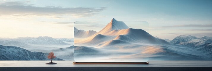 Misty mountain landscape displayed on a screen, beside a miniature tree