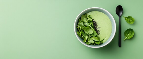 Obraz premium Creamy green soup with spinach and chia seeds