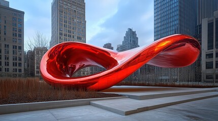 A large reflective red sculpture sits in an urban environment
