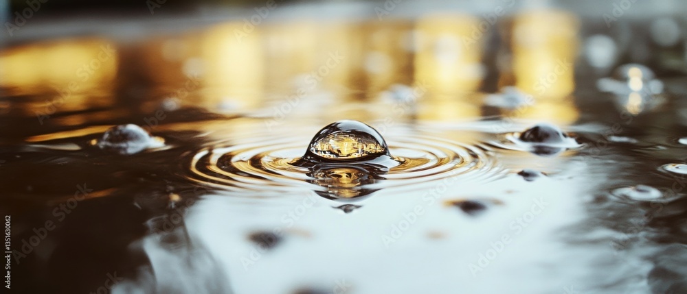 Aufkleber close-up of a water droplet creating ripples on a surface with warm tones and natural light reflecti