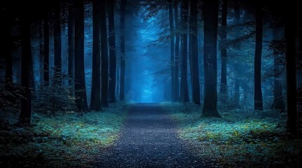 Fototapeta premium A forest path leads into the mysterious misty blue woods