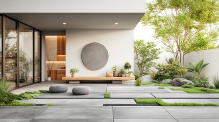 Serene patio design; minimalist architecture, stone seating, zen garden