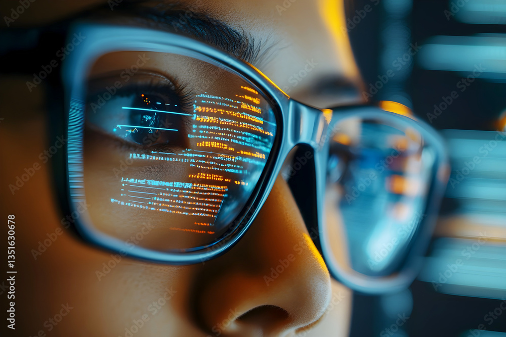 Poster close-up of person wearing glasses with computer code reflected in lenses, symbolizing cybersecurity