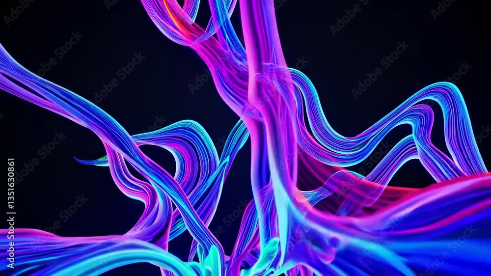 Poster abstract video with flowing neon lines on a dark background, captured from a dynamic angle, creating