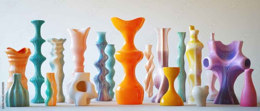 Poster a collection of colorful and unique ceramic vases in various shapes and sizes displayed against a ne