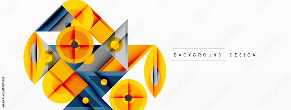 Poster Geometric abstract composition with intersecting shapes, circles, triangles, and gradients, blending vibrant colors and dynamic contrasts to create a modern, futuristic visual design