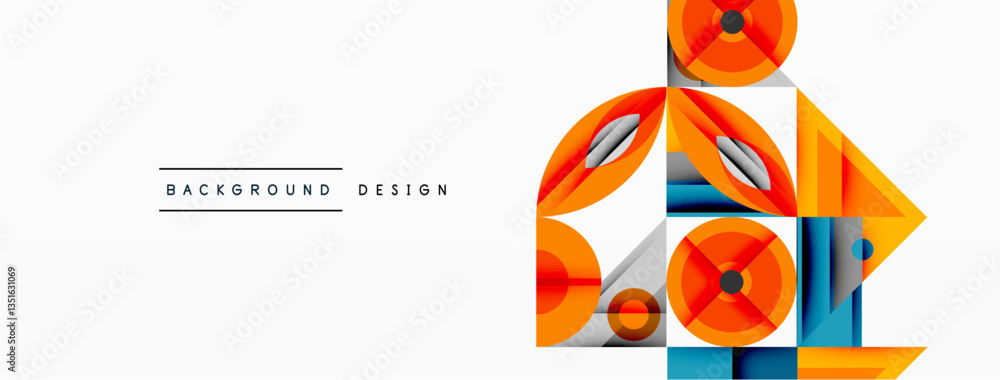 Poster geometric abstract composition with intersecting shapes, circles, triangles, and gradients, blending
