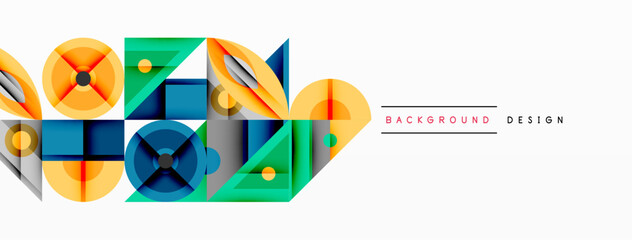 Geometric abstract composition with intersecting shapes, circles, triangles, and gradients, blending vibrant colors and dynamic contrasts to create a modern, futuristic visual design