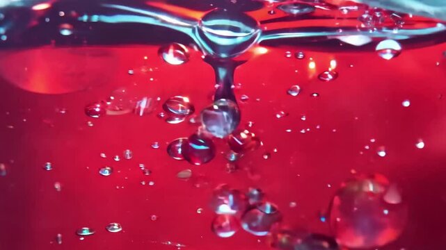 Vibrant red water droplets on a smooth glass surface with reflections, creating a fresh, glossy, and dynamic close-up texture effect.