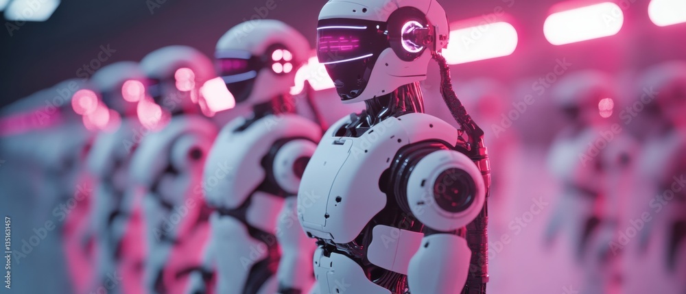 Poster futuristic robotic humanoids standing in a high-tech environment featuring glowing lights and advanc