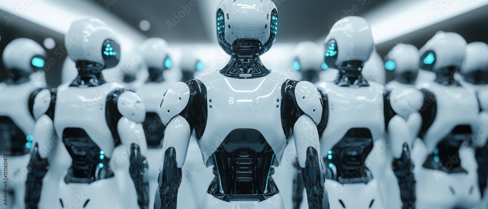 Poster futuristic robots in a high-tech environment with bright lights and reflective surfaces showcasing a