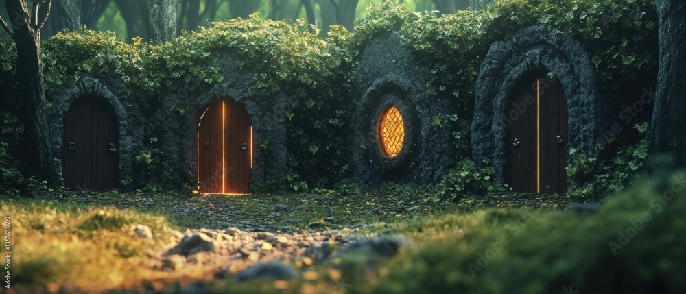 Poster enchanted forest with whimsical stone doors surrounded by lush greenery and soft illuminated windows
