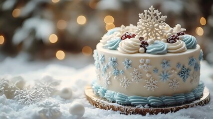 A white cake with blue frosting and snowflake decorations on top