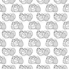 Black and white seamless pattern of ornate Easter eggs with decorative designs. Perfect for coloring page, kids crafts, wrapping and festive holiday activities.