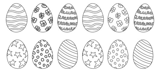 Collection of black and white Easter eggs with various decorative patterns. The set is perfect for coloring page, kids activities and festive holiday crafts.