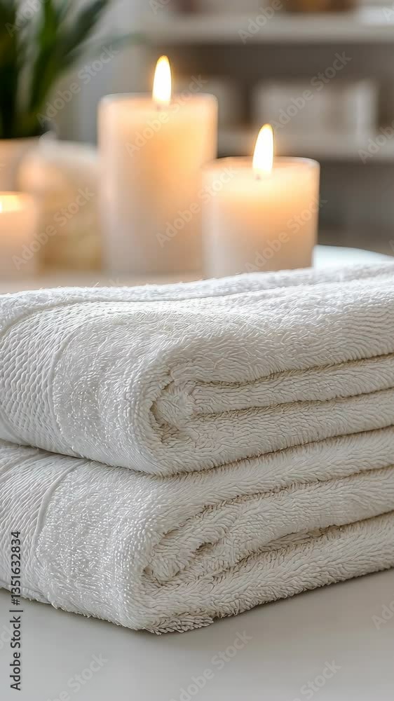 Poster immerse yourself in a calming atmosphere where pristine white towels and softly glowing candles crea