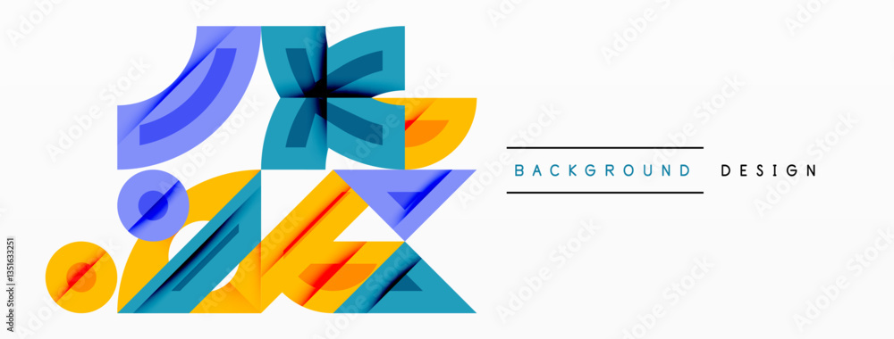 Poster Abstract geometric background with shapes, featuring circular and rounded elements. Bold contrast, smooth gradients, dynamic composition, futuristic style