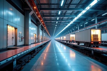 Modern Distribution Center Automated Cargo Handling System with Illuminated Loading Docks and a Row of Delivery Trucks