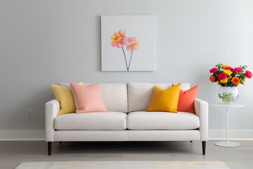 A stylish minimalist living room featuring a cozy white sofa adorned with colorful throw pillows, complemented by bold floral arrangements