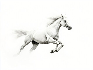 Majestic Gallop: A pristine white horse surges forward with effortless grace, its flowing mane and tail adding to the sense of dynamic motion and freedom. Capturing raw power and beauty.