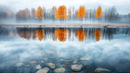 Serene autumn scene  Golden trees reflected in a still, clear lake, misty mountains in the background