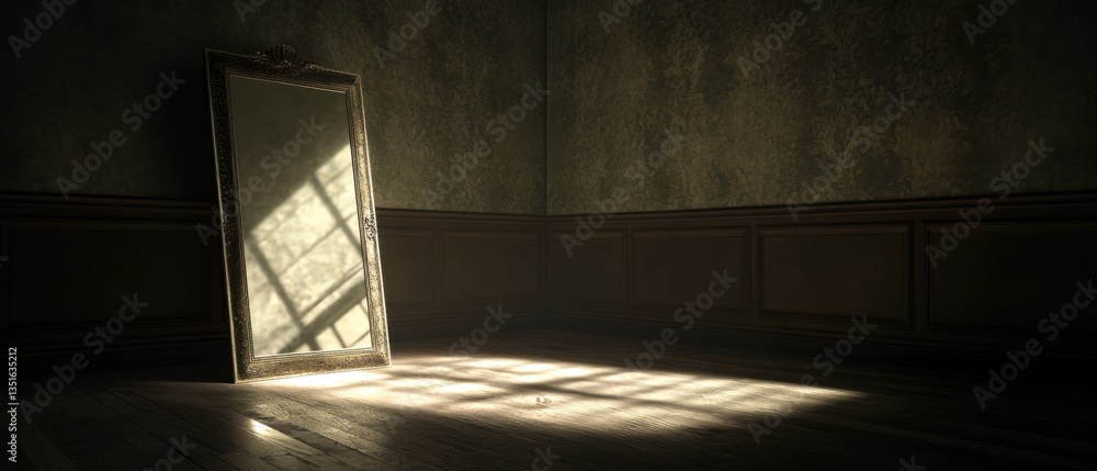 Aufkleber dimly lit room with vintage mirror casting soft shadows and light patterns on the floor in a retro i