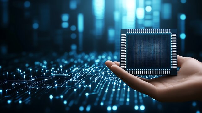 A hand is holding a computer chip over a network background