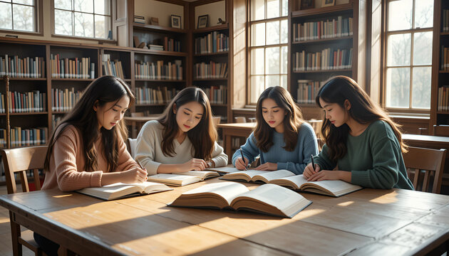 Four diligent students immersed in collaborative study, their focused expressions reflecting dedication and academic pursuit within a sunlit library, bathed in warm natural light.