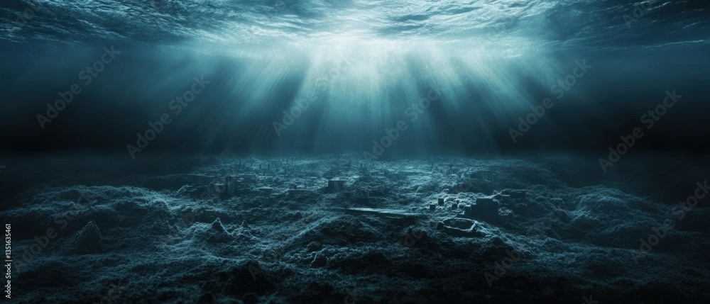 Poster deep ocean scene with mysterious light rays illuminating underwater shadows and natural serenity of 