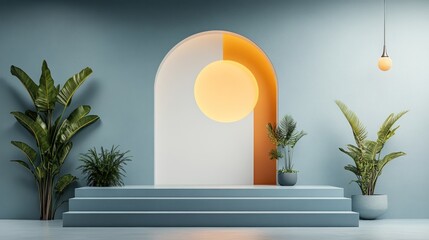 Serene minimalist interior with arched doorway, subtle lighting, and potted plants