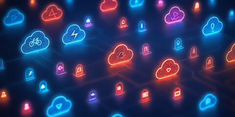 Vernetzte Cloud-Infrastruktur mit leuchtenden Symbolen für Energie, Sicherheit, Mobilität und Kommunikation in futuristischer digitaler Darstellung