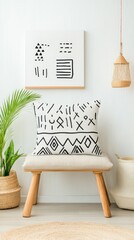 Decorative pillow with abstract geometric pattern on a wooden bench