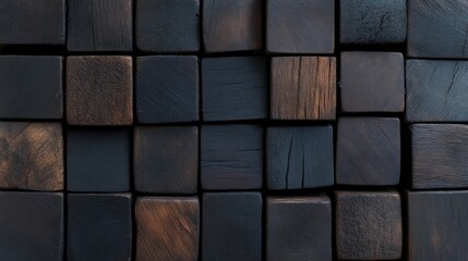 Dark, wooden, square blocks arranged in a grid pattern.  