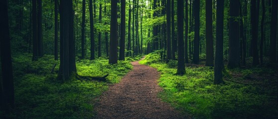 Obraz premium Lush Green Forest Path Surrounded by Tall Trees and Dense Foliage in a Peaceful Natural Environment with Sunlight Filtering Through Leaves