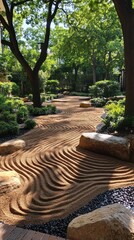 Serene garden path with wavy sand design, bordered by lush greenery and rocks