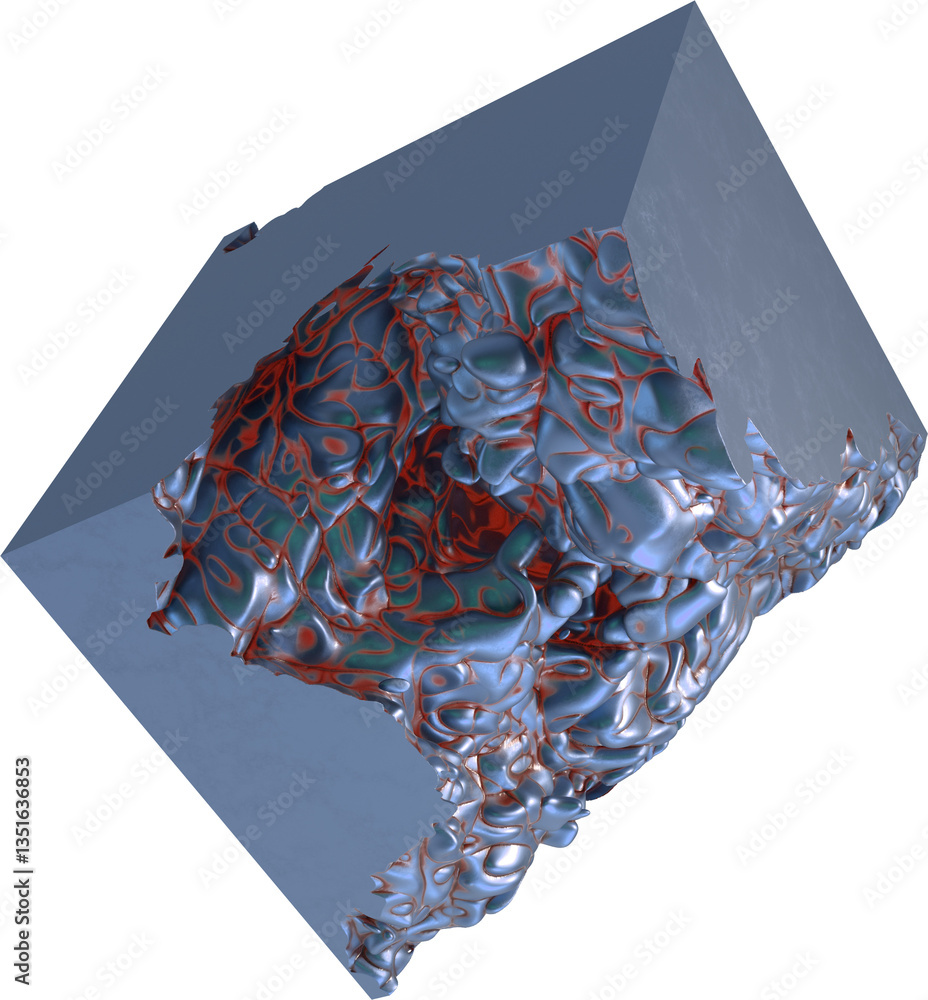 Poster blue cube with an organic red metallic surface bursting outward in intricate detail. abstract design